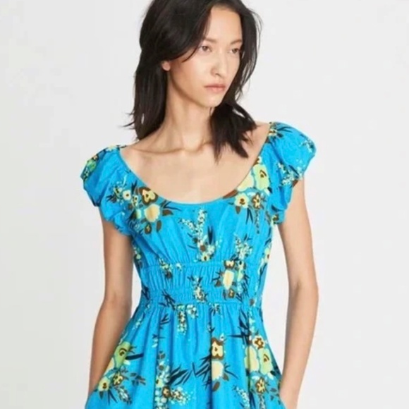 Tory Burch Cap Sleeve Scoop Neck Dress Blue Drop Bouquet Floral Poplin Size 4/S - Picture 4 of 14